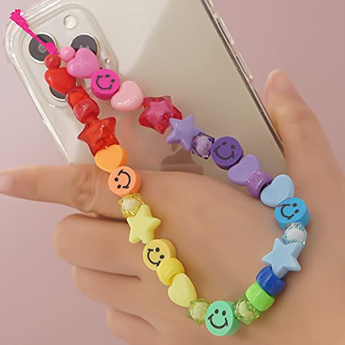 PTNKUIIY Handy Lanyard Anti-Verlorene Handykette，Böhmische Bunte Perlen Telefon Kette Strap Handyanhänger Smiley Gesicht Handy Straps Mobile Handy Schmuck Perlen Anhänger Hängen Chian für Frauen