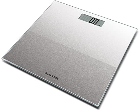 Salter 9037 SVGL3R Silver Glitter Digital Bathroom Scale, Ultra Slim Toughened Glass Platform, Large Easy Read LCD Display & Instant Weight Read Step On Feature, Max Weight 180Kg/28st 8lbs