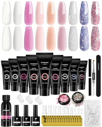 Phoenixy Set Unghie Gel Ricostruzione, 9 Colori Gel Ricostruzione Unghie con Base e Top Coat, 15ml Kit Ricostruzione Unghie con Soluzione Slip