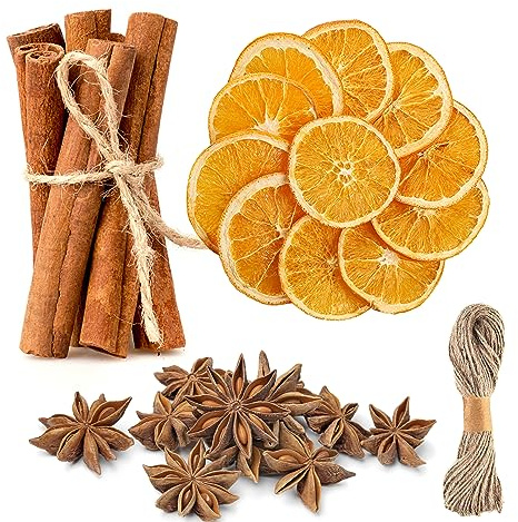 60Pcs Christmas Wreath Making Supplies, Dried Orange Slices, Cinnamon Sticks, Star Anise, and Jute Twine String, Christmas Dried Fruit Floral Supplies for Christmas Tree Xmas Craft Decorations