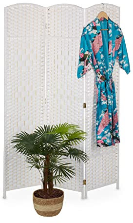 Relaxdays Paravent, HxB: 170 x 120 cm, Trennwand für innen, Holz & Papierseil, faltbarer Raumteiler, 3-teilig, weiß