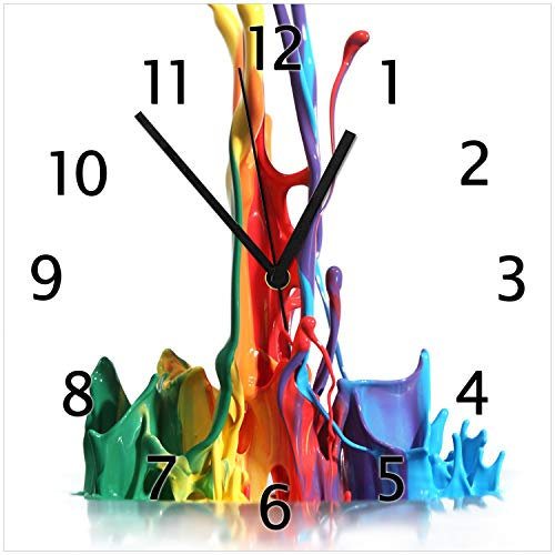 Wallario Design-Wanduhr Farbklecks von Links - Bunte Farben auf Abwegen aus Glas, Motiv-Uhr Größe 30 x 30 cm, Schwarze Zeiger