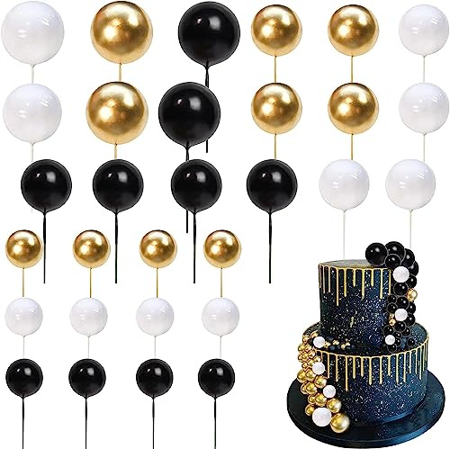 24 Stück Kugeln Mini Round Ball Cake Toppers 3D DIY Kugel kuchen Deko Mini Runde Kugel Cupcake Dekorationen für Baby Dusche Braut Dusche Hochzeit Geburtstag Prty Kuchen Dekoration Schwarz Weiß Gold