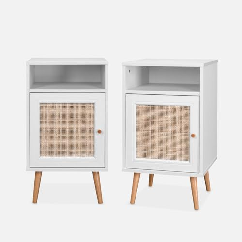 Alice's Home - Lot de 2 Tables de Chevet en cannage - Bohème - 40x39x65.8cm Blanc - 2 Niveaux - 1 Portes - 1 Espace de Rangement - Pieds scandinaves