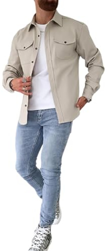 Veste Chemise boutonnée pour Hommes, Manteau de Travail en Coton, surchemise boutonnée, Coupe ajustée à Manches Longues pour Hommes (Light Apricot,XL)