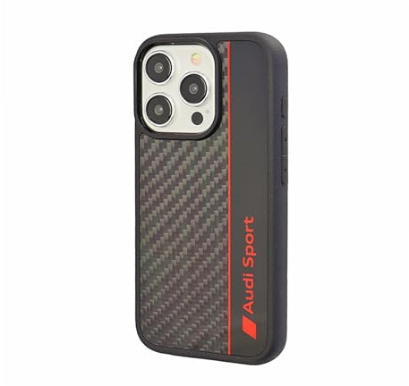 Audi Sport Handyhülle - Kompatibel mit iPhone 15 Pro - Stoßabsorbierende Hülle mit Carbon - mit präzisen Aussparungen für Kamera, Anschlüssen & Tasten - Schwarz mit roten Details