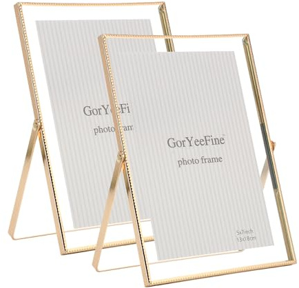 Gold 5x7'' Floating Frame Set of 2, For Photo Sizes (3.5 x5'', 4x 6'' up to 5x7'' ), Beautiful Metal Lace Edge Frames Adjustable Tabletop/Shelf Photo Frame, Classy Gift Choice for Wedding,