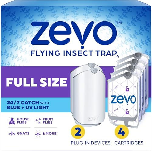 Zevo - Piège à Insectes Volants, Pack économique de piège à Mouches + Pack de Cartouches de Rechange (2 Bases enfichables + 4 Cartouches de Rechange au Total)