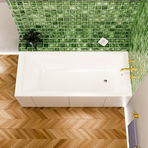 ECOLAM® Badewanne TAMI 150x70 cm | Wanne Acrylwanne Rechteck aus Sanitäracryl | Komplett Set mit Ablaufgarnitur Ab- und Überlauf Automatik Füße Silikon Set | weiß