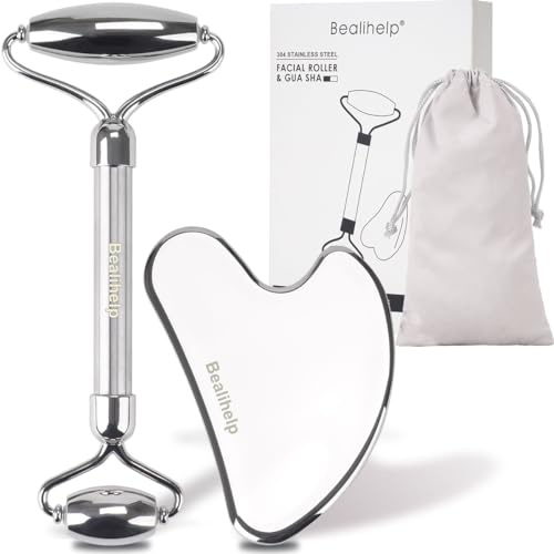 Bealihelp Face Roller and Gua Sha, Stainless Steel Facial Roller and Guasha Tool for Face, Skin Care Roller for Wrinkles and Lifting, Improve Puffiness, Metal Face Massager for Eyes, Neck Tighten