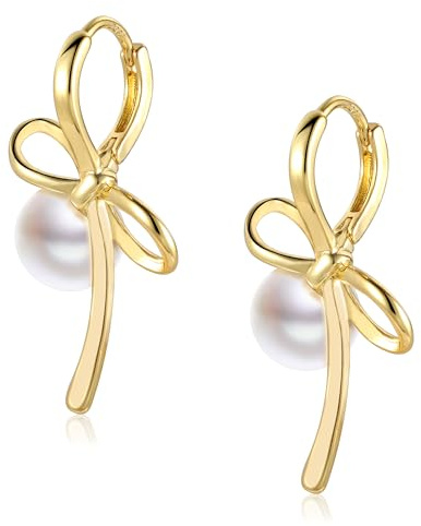 ASH'S CHOICE Bågeörhängen Guld Bågeörhängen Båge Stora Bågeörhängen Guld Små Bågeörhängen med pärlhänge Silver 925-örhängen damer Hängande Bågeörhängen Pärlörhängen Guld Bow Drop-örhängen Långa