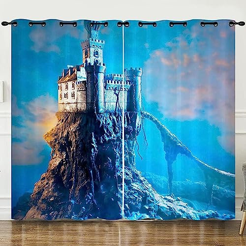 Vorhang Kinderzimmer Blaues Schlossgebäude Kinder Vorhänge Mit Ösen Polyester Gardinen Thermovorhang Blickdicht Ösenschal Kindergardinen Für Wohnzimmer Schlafzimmer, 2 X 140 X 250 Cm 2Er Se -1B6X2F0U8