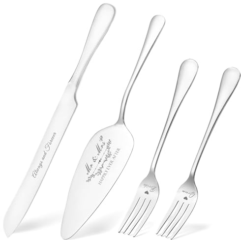 Wedding Cake Knife and Server Set, Silver Cake Cutting Set for Wedding, 4 Pieces Set with Forks for Engagements, Anniversaries, Bride and Groom