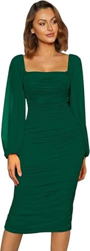 Haibang Vestidos de Fiesta Mujer Elegantes Manga Larga Vestido Largo de Malla con Cuello Cuadrado Vestido Sexy Ajustado Bodycon Ruched Midi Vestido para Fiesta Cóctel Noche Club Ceremonia