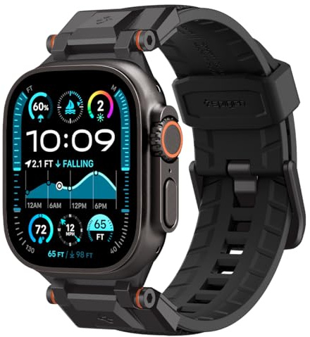 Spigen Dura Pro Armor armband designat för Apple Watch Ultra 3/2/1 49mm, Series 11/10 46mm, Series 9/8/7/SE 45mm, 44mm Robust TPU- och nylonarmband med metallkontakt - Svart upplaga