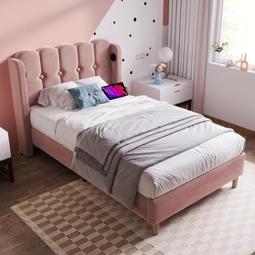 Zravenna Polsterbett 90 x 200 cm mit US/B, Einzel Bett Kopfteil Gepolstert, Bettgestell mit Holzlattenrost, Jugendbett für Schlafzimmer Gästezimmer, Leinenmaterial, Rosa