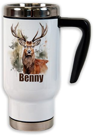 Unikatolo Thermobecher personalisiert mit Name & Wild Motiv Isolierbecher individuell bedruckt, Coffee to go Becher, Edelstahl Thermo-Tasse, Geweih, Jagd Jäger Geschenk Förster Naturbursche (Hirsch)