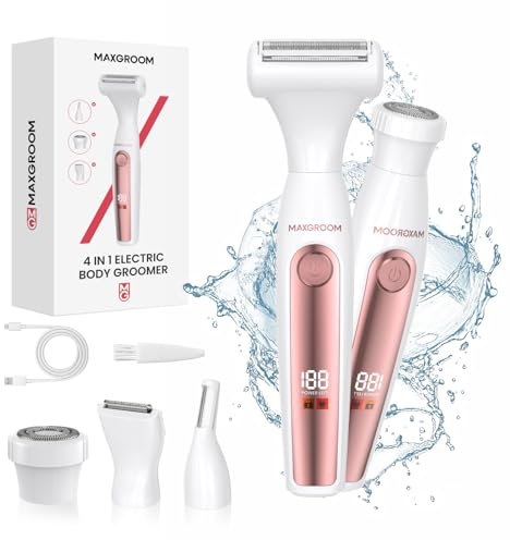 MAXGROOM 4-In-1 Lady Shavers for Women, Bikini Trimmer Women IPX6 Waterproof, Pubic Hair Trimmer 120 Mins Use, Cordless Rechargeable Groomer for Ladies, Painless Electric Fiol Razor for Body, Underarm