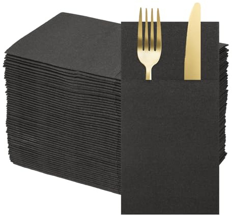 sourcing map 50 Pcs Disposable Linen Feel Napkins with Built-in Flatware Pockets, Paper Dinner Napkins for Knife and Forks, Hand Towels for Wedding Party Black