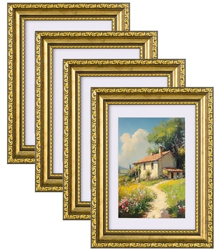 HBselect 4er Bilderrahmen Set 13x18cm Gold Fotorahmen, 13x18cm rustikaler Retro-Fotorahme, Vintage Kunststoffrahmen im Barockstil