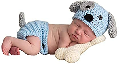 Xanewza 3 PCS Neugeborenes Baby Foto Requisiten Outfits Gehäkelt Gestrickt Blau Hundehut Shorts mit Knochen Set für Jungen Mädchen Fotografie Schießen (0-6 Monate)