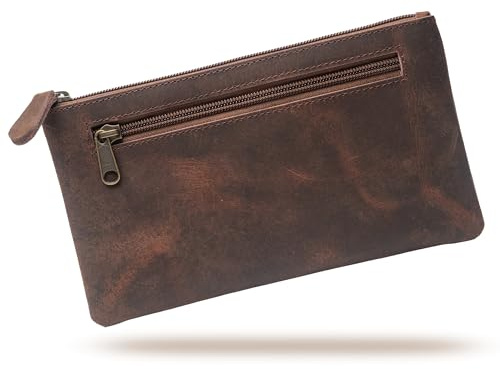 WANDERINGS Vintage Leder Federmäppchen - 9x5.5 / 23x14 cm - Handgefertigtes Funktionales Braun Leder Reißverschluss Etui - Schlankes Federmäppchen für Männer und Frauen - Stifttasche für Künstler