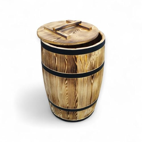 Barril de madera con tapa y aro de metal – De madera quemada de estilo vintage – Barril rústico para jardín, agua de lluvia o decoración, 60 litros