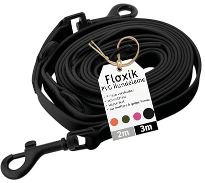 Floxik PVC Hundeleine 3m Schwarz | 4 Längen verstellbare Führleine für mittlere & große Hunde | Schmutz- & Wasserfest | Ideale Umhängeleine für das nächste Abenteuer mit deinem Liebling