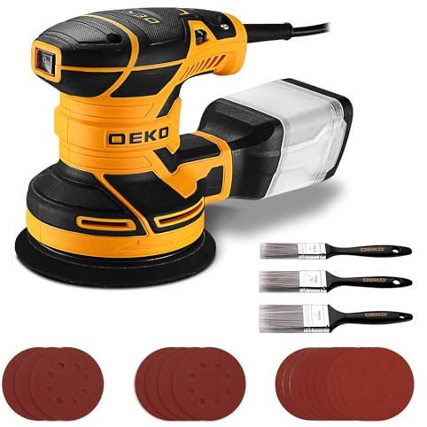 Lijadora Orbital 300W, 6 ajustes de velocidad, 14000 rpm, adecuada para lijadoras eléctricas de madera, equipada con 16 hojas de lijado y 3 cepillos(Amarillo-negro)