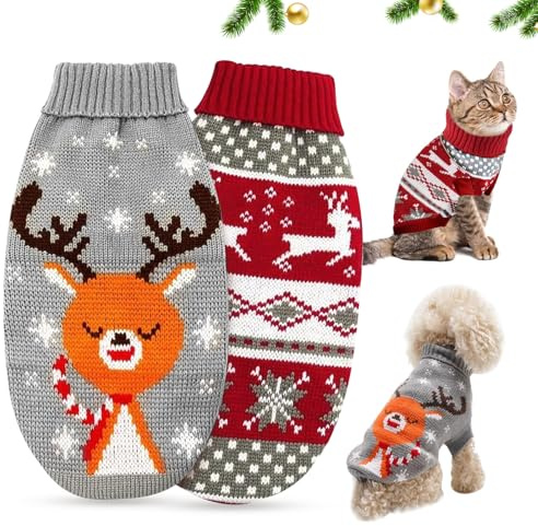 Hundepullover Weihnachten, 2 Stück Strickwaren warme Haustier Pullover, hundepullover kleine Hunde Welpenpullover Rentier Muster, Neujahr Party Geschenk für Kleine Hunde Katzesa