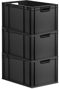 PROREGAL SuperSparSet 3x Eurobox NextGen Color | HxBxT 32x40x60cm | 65 Liter | Griffe schwarz offen | Verstärkter Boden | Schwarz | Eurobehälter, Transportbox, Transportbehälter, Stapelbehälter
