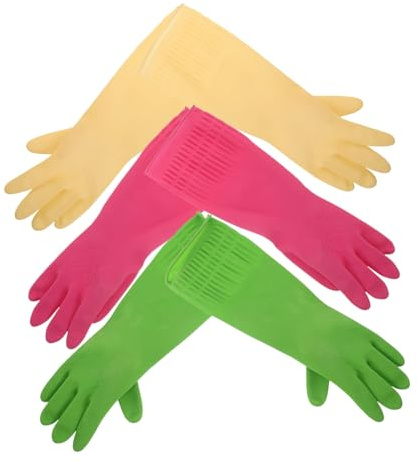 NIYANGLE 3 Pairs Heavy Duty Latex Dishwashing Gloves Reusable Non Slip Kitchen Gloves with Long Cuff Splash Guard Household Mittens for Cleaning Laundry Pet Care Bathroom Tasks