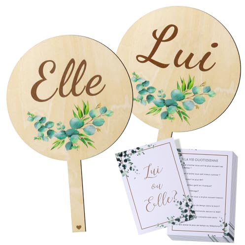 Juego para bodas en francés, que incluye 2 fichas de madera en francés y 8 tarjetas (con un total de 80 preguntas diferentes en francés) / Todos los textos están en francés