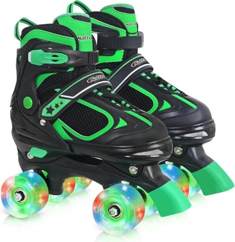 Nattork Patines de ruedas para niños y niñas, color verde para jóvenes de 10 a 11 12, patines de ruedas ajustables con 4 tamaños, deportes de interior y exterior