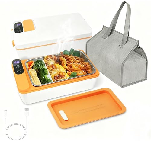 IXPIUZB Taper Electrico Para Calentar La Comida, Fiambrera Electrica Portatil 1L Acero Inoxidable Tartera Térmica Para Calentar Comida Trabajo, Viajes Y Oficina, Bolsa De Transporte (Naranja)