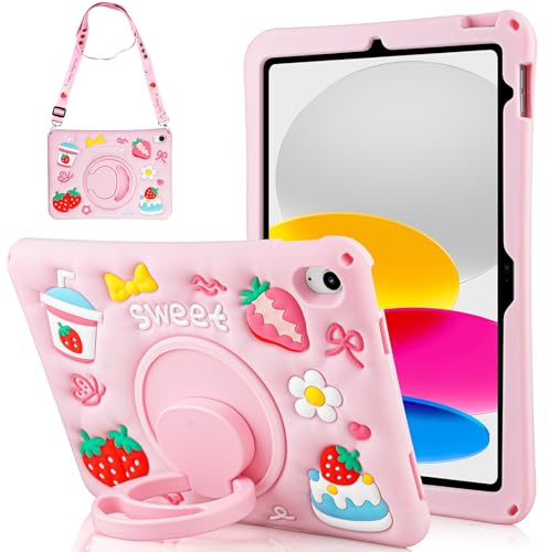 Vunake Coque pour iPad (A16) 11ème/iPad 10ème Génération 2025/2022 11/10.9 Antichoc Protection Coque Enfant pour ipad 10eme Generation avec Sangle Ajustable/Support Rotatif à 360°-Rose