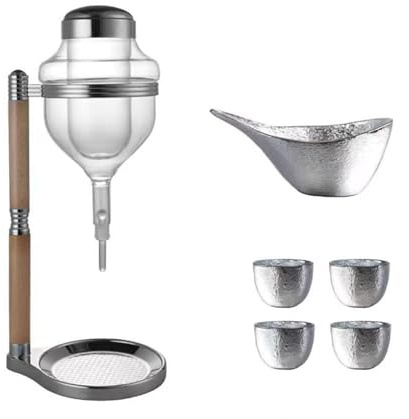 Drip-Type Sake Dispenser, Sake Serving Set, Thimble Drip Switch Design, with 4 Sake Cups, Universal for Hot and Cold, High Borosilicate Glass Drink Jug, for Parties.