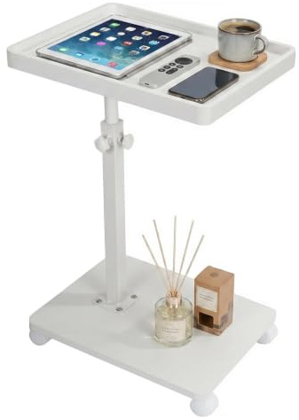 Shilanmei C Shaped Side Table Adjustable Height Wheeled Sofa Table White | 360° Rotating TV Tray, Movable Nightstand Small Coffee Table, Suitable for Living Room and Bedroom 15.7 X 11.8 X 31.5