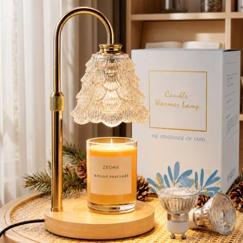 Candle Warmer Lamp with Timer and Dimmer, Height Adjustable Wax Melt Warmer for Jar Candles, 2 x 50W GU10 Bulbs and UK Plug, White Glass Shade, Wooden Base