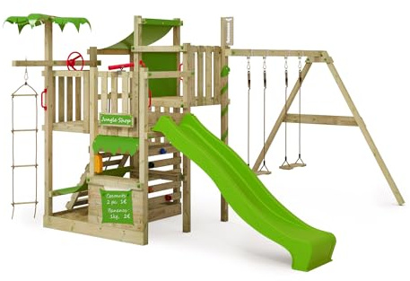 FATMOOSE Spielturm Klettergerüst CrazyCoconut Club XXL mit Schaukelanbau, Rutsche & Plane, Outdoor Kinder Kletterturm mit Sandkasten, Leiter & Spiel-Zubehör für den Garten (apfelgrün)