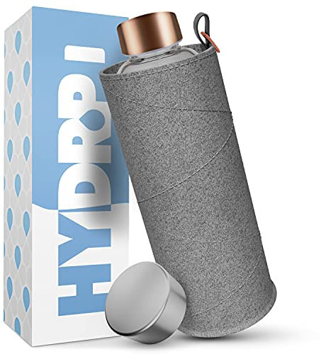 HYDROP Trinkflasche Glas 1L bruchsicher mit Filzhülle - Glasflasche 1 Liter Kohlensäure und Spülmaschinen geeignet - Wasserflasche Glas 1L - Glas Trinkflasche 1L- Glasflaschen Schutzhülle 1L