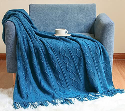 Hayisugal Wohndecke Boho Decke Weich Strick Wolldecke mit Quaste Kuscheldecke Sofadecke Couch Decke Überwurfdecke, Blau, 130 x 200cm