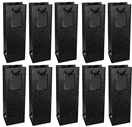 Ideen mit Herz Geschenktaschen | 36 x 12 x 10 cm | Geschenktüten für Flaschen | 10 Stück | ideal zum Verschenken von Wein, Sekt & Champagner (matt schwarz | Lack Ornamentik)