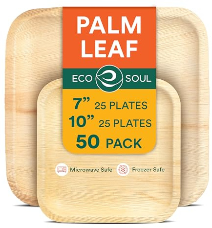 ECO SOUL 50 Palm Leaf Square Plates | 25 Large Dinner Plates, 25 Small Appetizer Plates|Eco-Friendly Compostable Bamboo Plate Disposable Dinnerware for Dinner, Party & Wedding