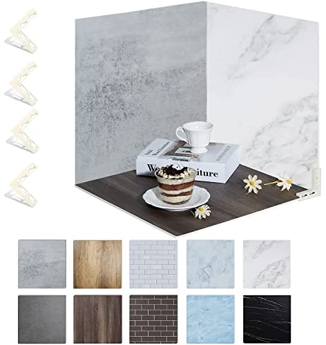 5 Stück doppelseitig Fotografie Hintergrund Boards mit 10 Patterns 40x40cm(16x16in) Fotohintergrund Weiß Marmor Holzmaserung Textur Kit Doppelseitiger Essen Flat Lay Vertikale mit 4 Klammern
