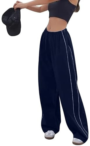 Litthing Womens Baggy Cargo Trousers Elastic Waist Parachute Pants Drawstring Wide Leg Casual Track Pant with Pockets Y2k Streetwear for Women Dark Blue