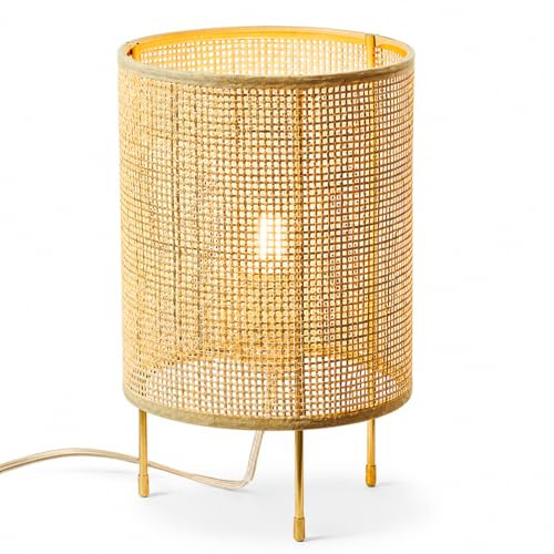 GUANSHAN Handgefertigte Rattan-Tischlampe, Nachtlicht, elegante und einfache Rattan-Nachttischlampe mit goldenen Stativständern, Tischleuchte, dekorative Tischbeleuchtung für Schlafzimmer, Wohnzimmer