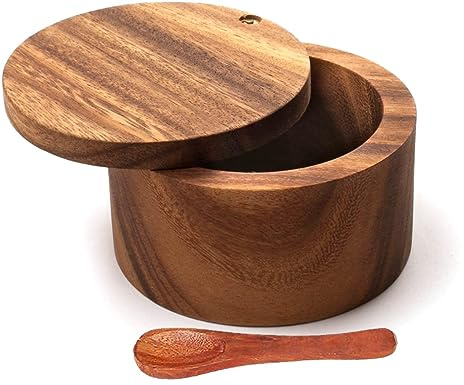 IBLAY Wooden Salt Box for Kitchen or Dining Table Spice and Herb Container | Single Compartment for Salt & Pepper, Jar & Container (Size: 4 x 2.5 in) with Spoon (Wooden Salt Cellar)
