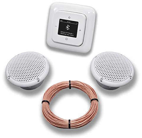 Busch Jäger DAB+ Unterputz Bluetooth (in and out) Radio 8217U-101 Reflex SI alpinweiß, Komplett-Set mit 2 x Decken Feuchtraumlautsprecher/Badezimmer + 20 m Lautsprecherkabel 2x0,75 mm2 8217 U - 101