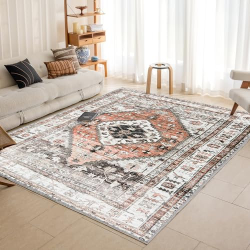 OMERAI Large Rugs for Living Room Machine Washable Rug for Bedroom 160x230cm Non-Slip Soft Faux Short Pile Carpet Vintage Boho Area Rugs for Kitchen, Dining Room, Brick